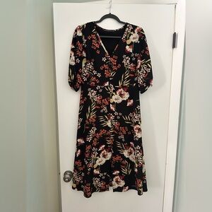 Floral V-Neck Midi Dress in Black with Red and Cream Blooms